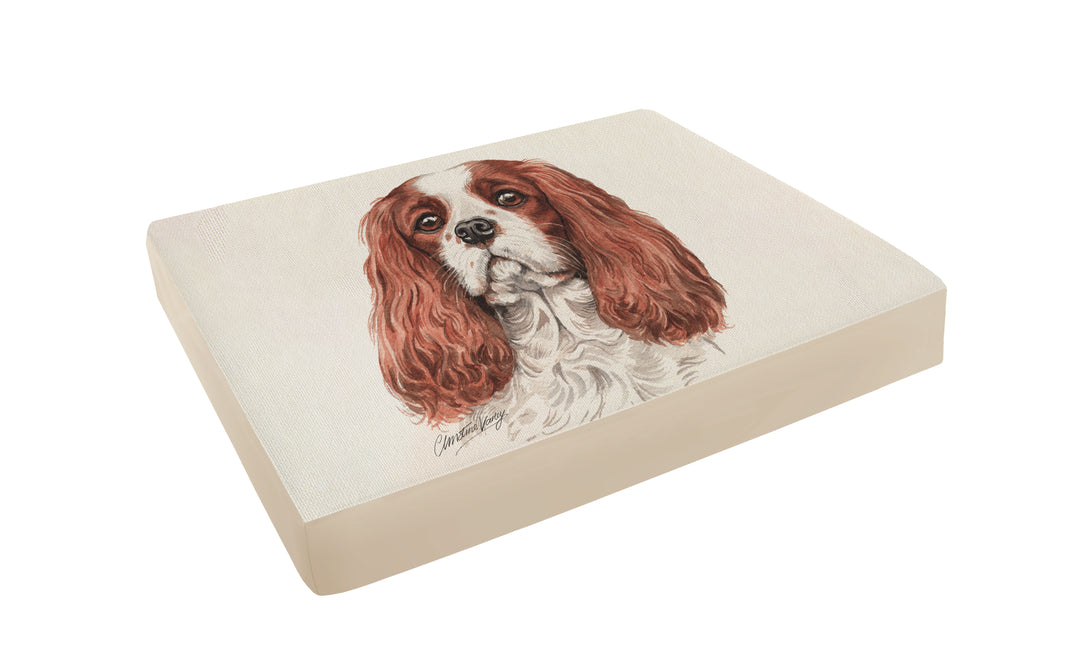 Christine Varley Luxury Printed Dog Bed - Cav King Charles Red  Barking Beds   