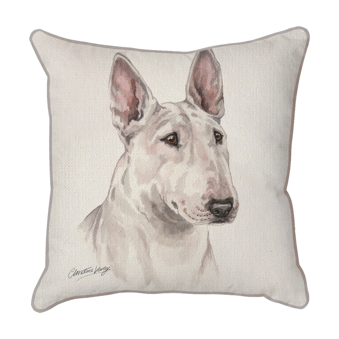 Christine Varley | English Bull Terrier - White | Dog Scatter Cushion Cushions Christine Varley   